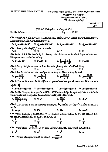 Đề kiểm tra Giữa Học kì I môn Toán Lớp 12 năm học 2017- 2018 - Mã đề 357 (Kèm đáp án)