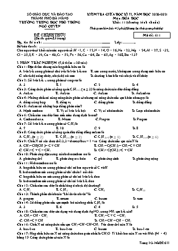 Đề kiểm tra Giữa Học kì II môn Hóa học Lớp 11 năm học 2020- 2021 - Mã đề 611