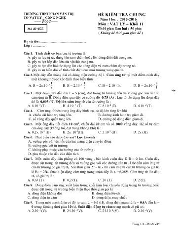 Đề kiểm tra Giữa Học kì II môn Vật lý Lớp 11 năm học 2015- 2016 - Mã đề 455 (Kèm đáp án)
