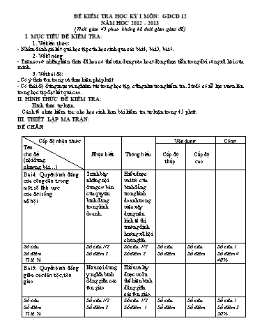 Đề kiểm tra Học kì I môn GDCD Khối 12, K11, K10 năm học 2012- 2013 (Có đáp án)