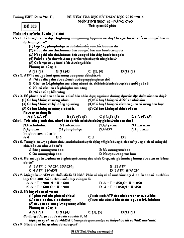 Đề kiểm tra Học kì I môn Sinh học Lớp 10 nâng cao năm học 2015- 2016 - Mã đề 323 (Kèm đáp án)
