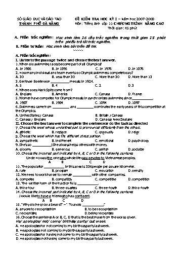 Đề kiểm tra Học kì I môn Tiếng Anh Lớp 11 Chương trình nâng cao Sở GD&ĐT TP Đà Nẵng