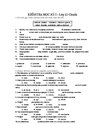 Đề kiểm tra Học kì I môn Tiếng Anh Lớp 12 Chương trình chuẩn (Có đáp án)