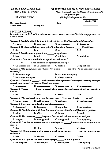 Đề kiểm tra Học kì I môn Tiếng Anh Lớp 12 năm học 2015- 2016 Sở GD&ĐT TP Đà Nẵng - Mã đề 712