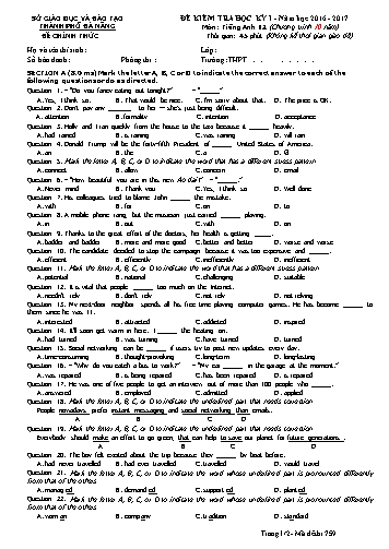 Đề kiểm tra Học kì I môn Tiếng Anh Lớp 12 năm học 2016- 2017 Sở GD&ĐT TP Đà Nẵng - Mã đề 759