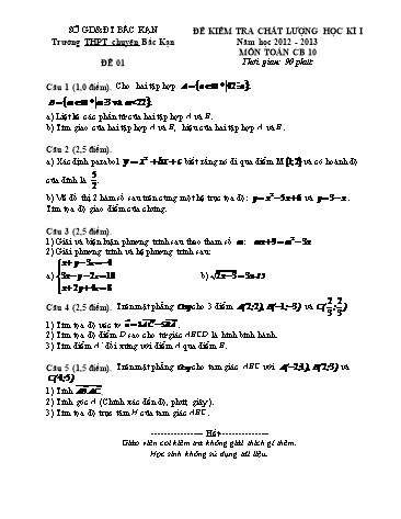 Đề kiểm tra Học kì I môn Toán Lớp 10 năm học 2012- 2013
