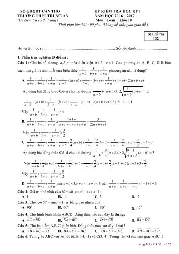 Đề kiểm tra Học kì I môn Toán Lớp 10 năm học 2016- 2017 trường THPT Trung An (Mã đề 132)