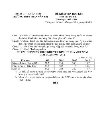 Đề kiểm tra Học kì II môn Địa lí Lớp 11 năm học 2015- 2016 (Có đáp án)