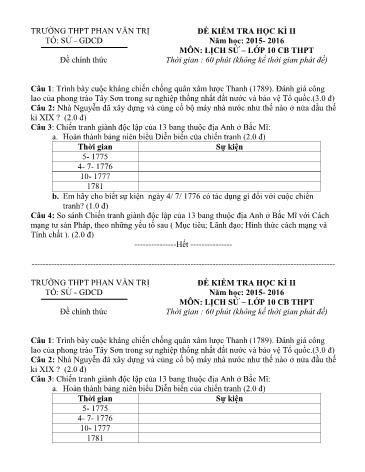 Đề kiểm tra Học kì II môn Lịch sử Lớp 10 năm học 2015- 2016 (Có đáp án)