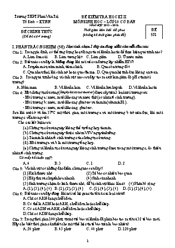 Đề kiểm tra Học kì II môn Sinh học Lớp 10 cơ bản năm học 2015- 2016 - Mã đề 531 (Kèm đáp án)