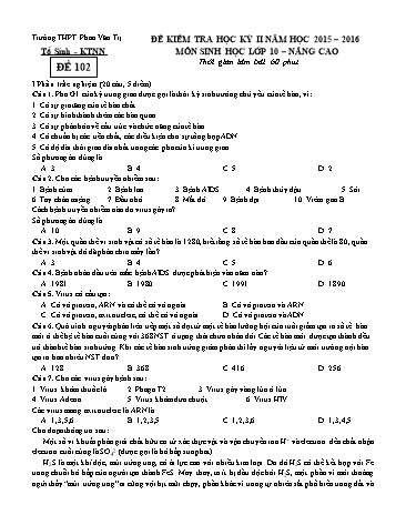 Đề kiểm tra Học kì II môn Sinh học Lớp 10 nâng cao năm học 2015- 2016 - Mã đề 102 (Kèm đáp án)