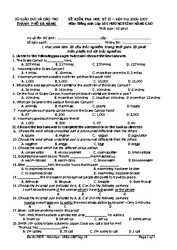 Đề kiểm tra Học kì II môn Tiếng Anh Lớp 10 CT nâng cao Sở GD&ĐT Thành phố Đà Nẵng