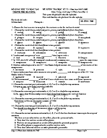 Đề kiểm tra Học kì II môn Tiếng Anh Lớp 12 Sở GD&ĐT TP Đà Nẵng - Mã đề 740