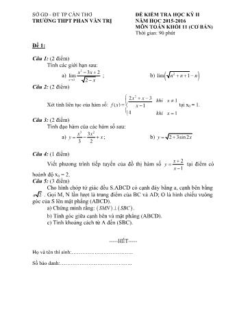 Đề kiểm tra Học kì II môn Toán Lớp 11 cơ bản năm học 2015- 2016 (Kèm đáp án)