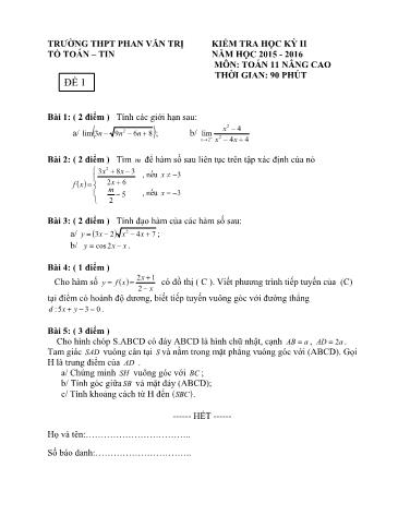 Đề kiểm tra Học kì II môn Toán Lớp 11 nâng cao năm học 2015- 2016 (Kèm đáp án)