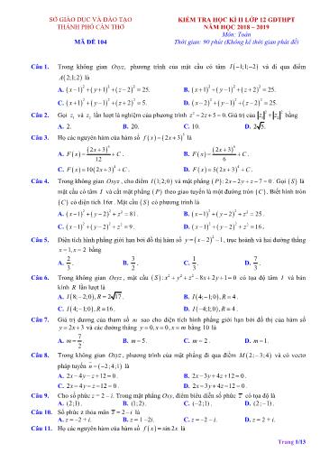 Đề kiểm tra Học kì II môn Toán Lớp 12 năm học 2018- 2019 Sở GD&ĐT TP Cần Thơ (Mã đề 104)