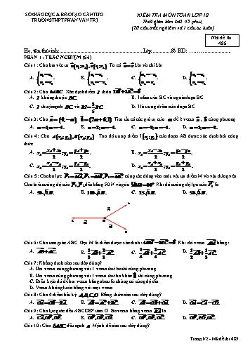 Đề kiểm tra môn Toán Lớp 10 trường THPT Phan Văn Trị - Mã đề 485 (Kèm đáp án)