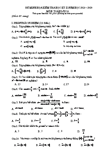 Đề minh họa kiểm tra Học kì II môn Toán Lớp 10 năm học 2019- 2020 - Đề số 1 (Có đáp án)