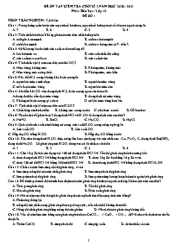 Đề ôn tập kiểm tra Cuối Học kì II môn Hóa học Lớp 10 năm học 2020- 2021 (Có đáp án)