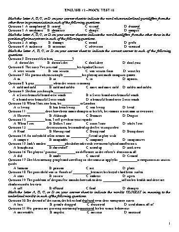 Đề ôn tập kiểm tra môn Tiếng Anh Lớp 12 - Mock Test 10