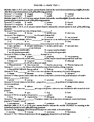 Đề ôn tập kiểm tra môn Tiếng Anh Lớp 12 - Mock Test 11