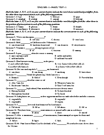 Đề ôn tập kiểm tra môn Tiếng Anh Lớp 12 - Mock Test 12