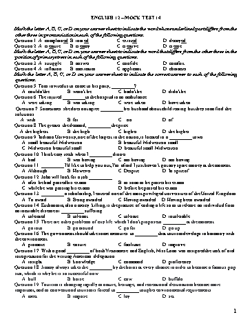 Đề ôn tập kiểm tra môn Tiếng Anh Lớp 12 - Mock Test 14