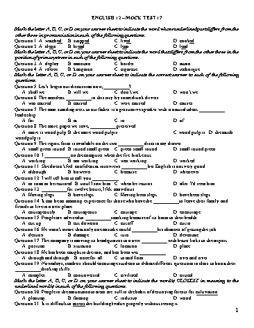 Đề ôn tập kiểm tra môn Tiếng Anh Lớp 12 - Mock Test 17