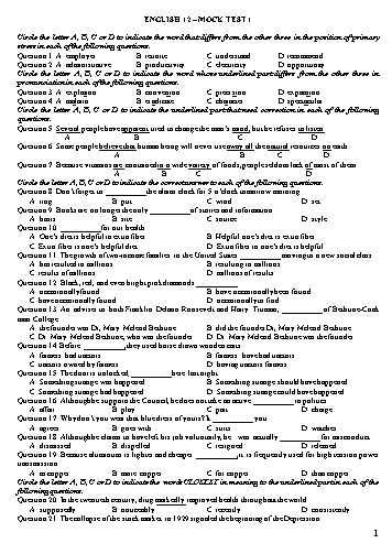 Đề ôn tập kiểm tra môn Tiếng Anh Lớp 12 - Mock Test 1
