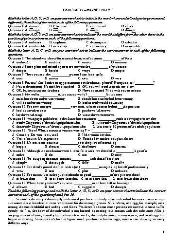 Đề ôn tập kiểm tra môn Tiếng Anh Lớp 12 - Mock Test 2