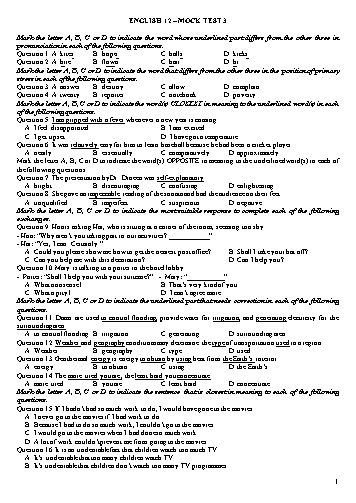 Đề ôn tập kiểm tra môn Tiếng Anh Lớp 12 - Mock Test 3