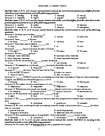 Đề ôn tập kiểm tra môn Tiếng Anh Lớp 12 - Mock Test 5