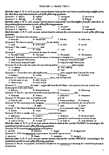 Đề ôn tập kiểm tra môn Tiếng Anh Lớp 12 - Mock Test 6