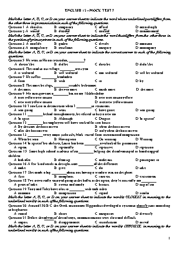 Đề ôn tập kiểm tra môn Tiếng Anh Lớp 12 - Mock Test 7