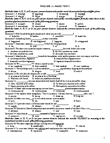 Đề ôn tập kiểm tra môn Tiếng Anh Lớp 12 - Mock Test 9