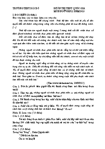 Đề ôn thi THPT Quốc Gia môn Ngữ Văn năm 2019 trường THPT Bộc Bố (Có đáp án)
