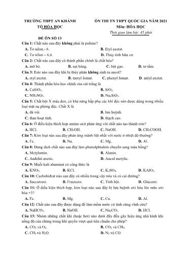 Đề ôn thi Tốt nghiệp THPT QG năm 2021 môn Hóa học trường THPT An Khánh (Đề số 13)