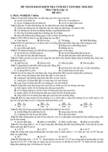 Đề tham khảo kiểm tra Cuối Học kì II môn Vật lí Lớp 11 năm học 2020- 2021