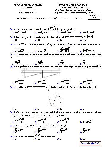 Đề tham khảo kiểm tra Giữa Học kì I môn Toán Lớp 12 năm học 2020- 2021 trường THPT Ngô Quyền