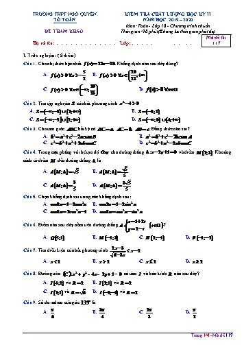 Đề tham khảo kiểm tra HK II môn Toán Lớp 10 năm học 2019- 2020 trường THPT Ngô Quyền - Mã đề 117