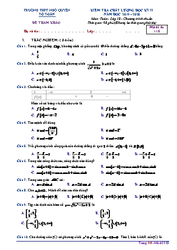 Đề tham khảo kiểm tra HK II môn Toán Lớp 10 năm học 2019- 2020 trường THPT Ngô Quyền - Mã đề 115