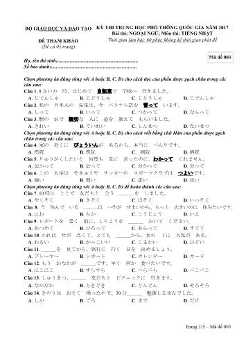 Đề tham khảo kỳ thi THPT Quốc gia năm 2017 môn Tiếng Nhật - Mã đề 003