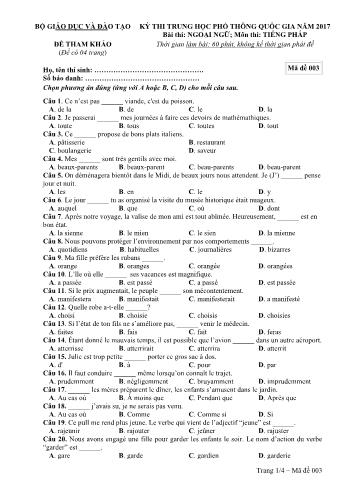 Đề tham khảo kỳ thi THPT Quốc gia năm 2017 môn Tiếng Pháp - Mã đề 003