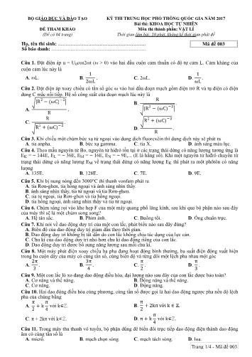 Đề tham khảo kỳ thi THPT Quốc gia năm 2017 môn Vật lí - Mã đề 003