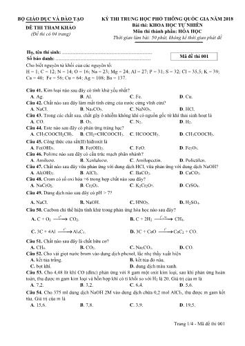 Đề tham khảo kỳ thi THPT Quốc gia năm 2018 môn Hóa học - Mã đề 001