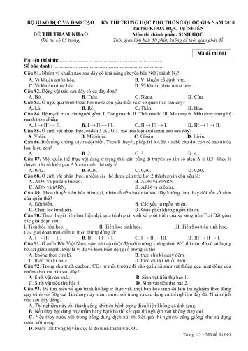 Đề tham khảo kỳ thi THPT Quốc gia năm 2018 môn Sinh học - Mã đề 001