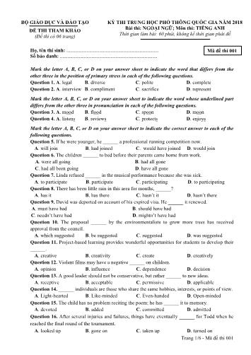 Đề tham khảo kỳ thi THPT Quốc gia năm 2018 môn Tiếng Anh - Mã đề 001