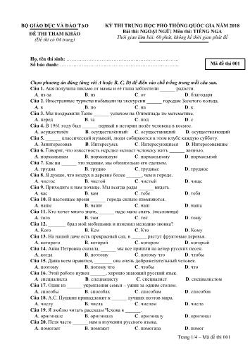 Đề tham khảo kỳ thi THPT Quốc gia năm 2018 môn Tiếng Nga - Mã đề 001