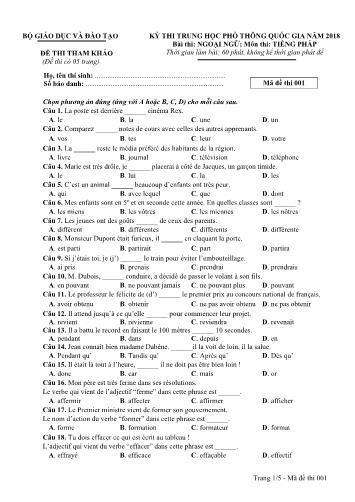 Đề tham khảo kỳ thi THPT Quốc gia năm 2018 môn Tiếng Pháp - Mã đề 001