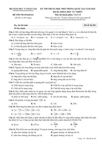Đề tham khảo kỳ thi THPT Quốc gia năm 2018 môn Vật lí - Mã đề 001